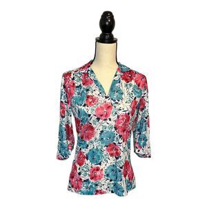 Vintage Try Me Floral Colorful Polyester Knit Womens Blouse 3/4 Sleeve Size 10